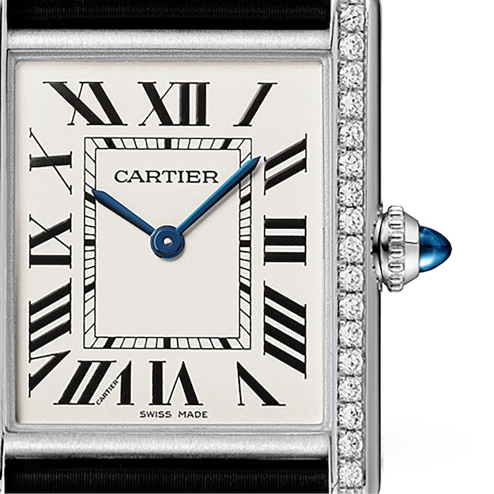 Cartier Tank Must watch, large model, quartz movement. Steel case, bezel set with 42 brilliant-cut diamonds