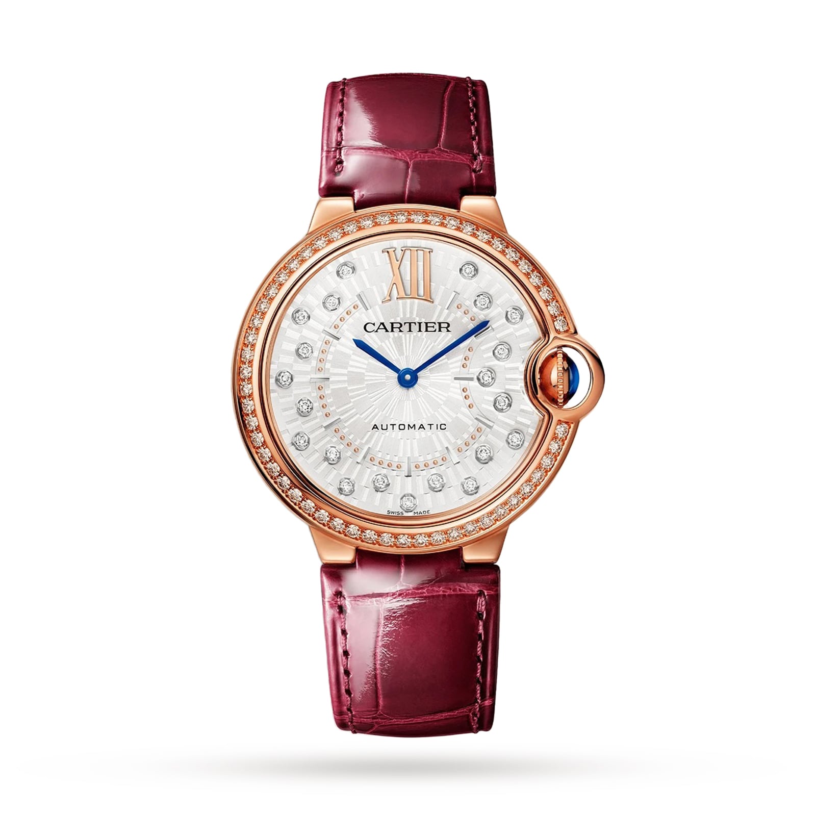 Cartier Ballon Bleu De Cartier Watch 36mm, Automatic Mechanical Movement, Rose Gold, Diamonds, Leather