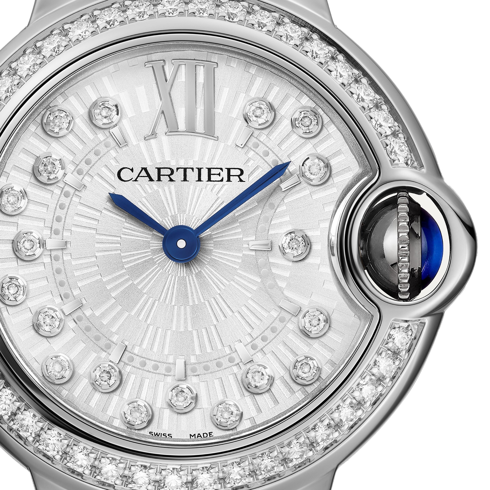 Cartier Ballon Bleu de Cartier watch, 28 mm, quartz movement Steel case, fluted steel crown set with a synthetic cabochon-shaped spinel.