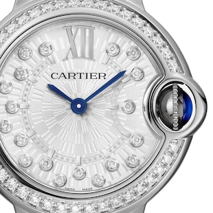 Cartier Ballon Bleu de Cartier watch, 28 mm, quartz movement Steel case, fluted steel crown set with a synthetic cabochon-shaped spinel.