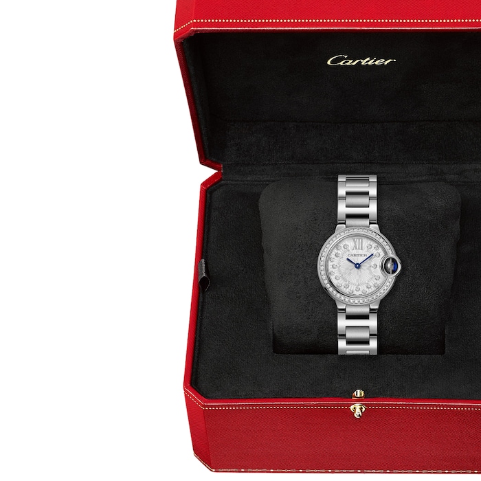 Cartier Ballon Bleu de Cartier watch, 28 mm, quartz movement Steel case, fluted steel crown set with a synthetic cabochon-shaped spinel.