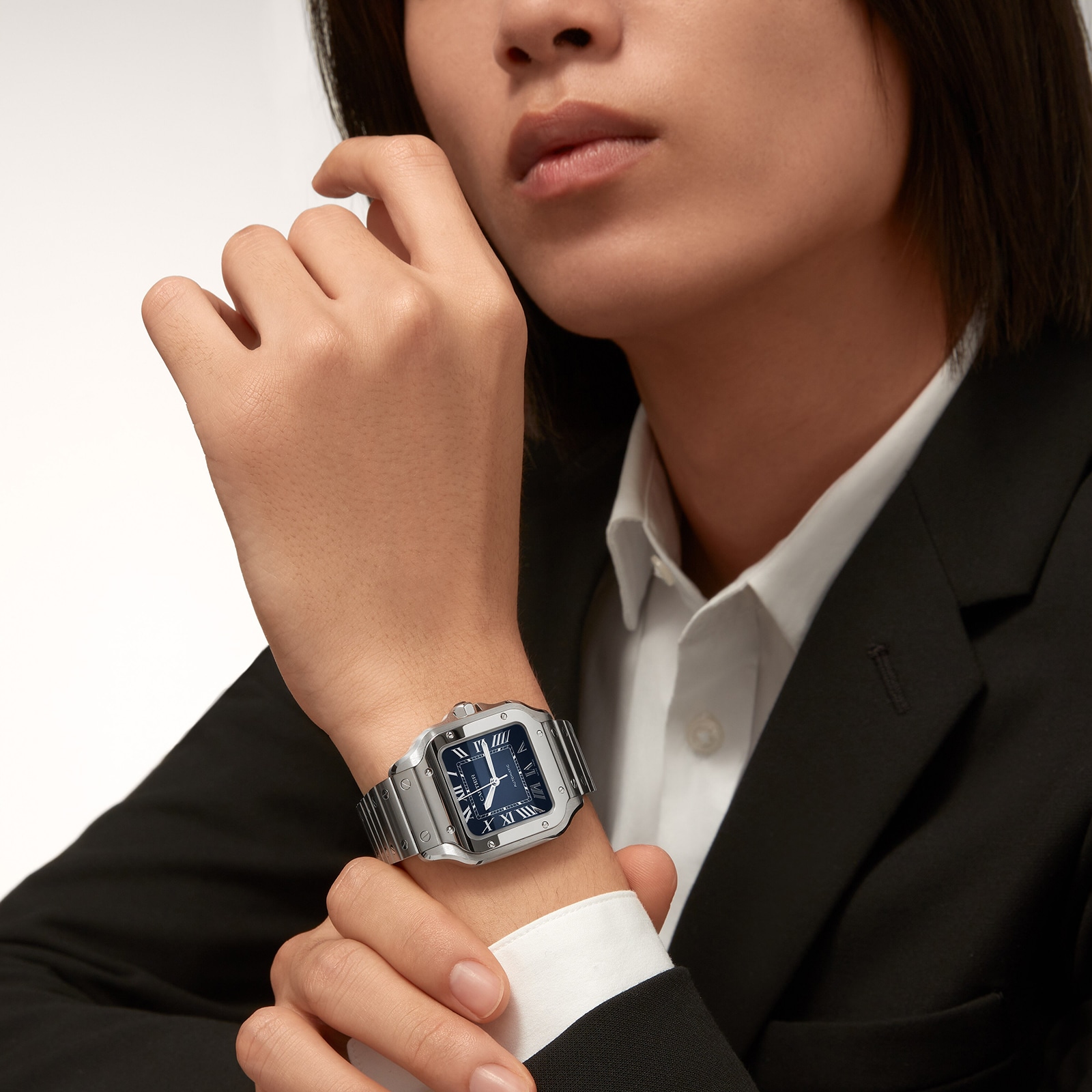 Cartier Santos de Cartier Watch, Medium Model, Steel, Automatic, Interchangeable Leather Strap Cartier Santos de Cartier Watch, Medium Model, Steel, Automatic, Interchangeable Leather Strap
