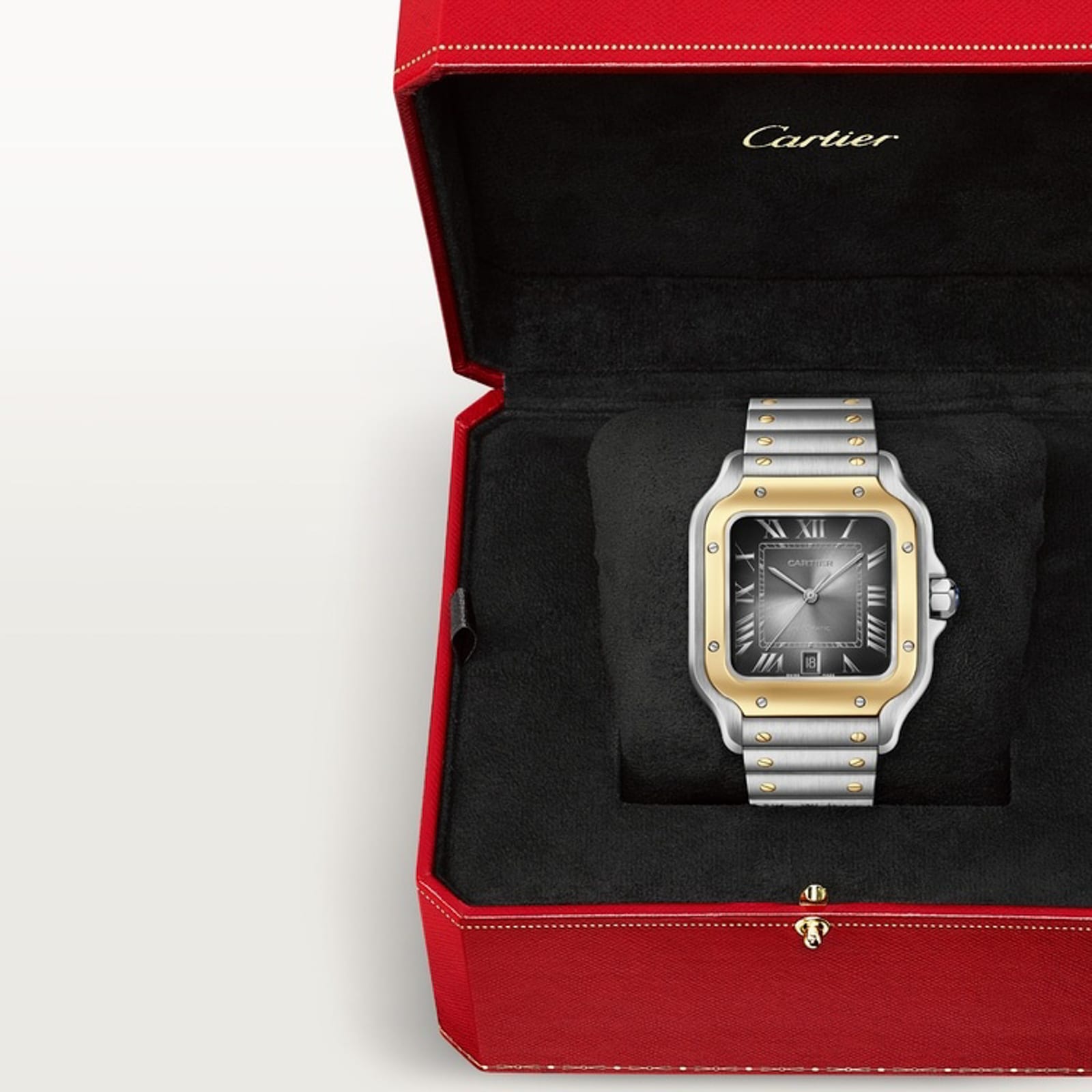 Cartier Santos De Cartier Watch, Large Model, Automatic Winding, Steel Case, Yellow Gold, Interchangeable Leather Strap Cartier Santos De Cartier Watch, Large Model, Automatic Winding, Steel Case, Yellow Gold, Interchangeable Leather Strap