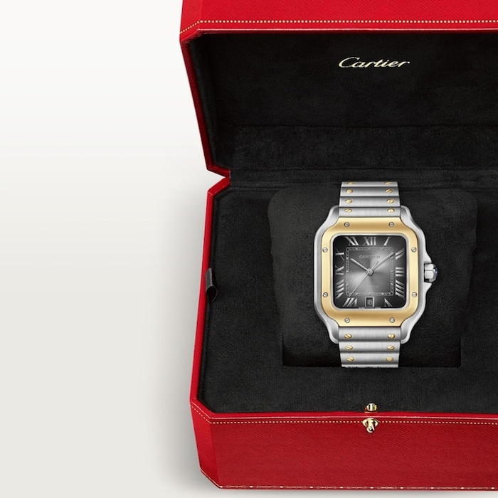 Cartier Santos De Cartier Watch, Large Model, Automatic Winding, Steel Case, Yellow Gold, Interchangeable Leather Strap