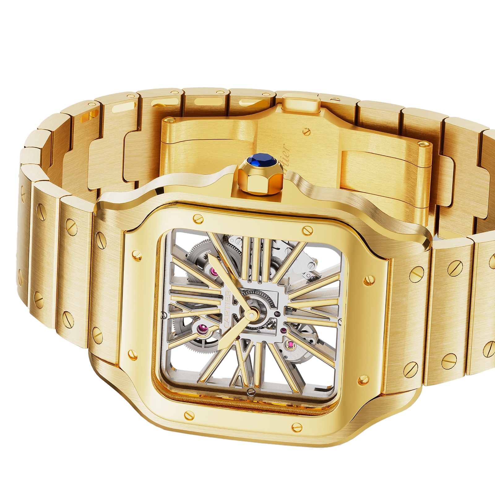 Cartier Santos De Cartier Skeleton Watch, Large Model, Skeleton Mechanical Movement With Manual Winding 9612 MC, Yellow Gold Cartier Santos De Cartier Skeleton Watch, Large Model, Skeleton Mechanical Movement With Manual Winding 9612 MC, Yellow Gold