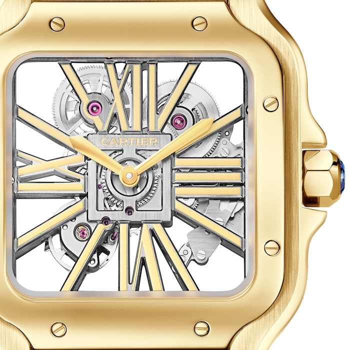 Cartier Santos De Cartier Skeleton Watch, Large Model, Skeleton Mechanical Movement With Manual Winding 9612 MC, Yellow Gold