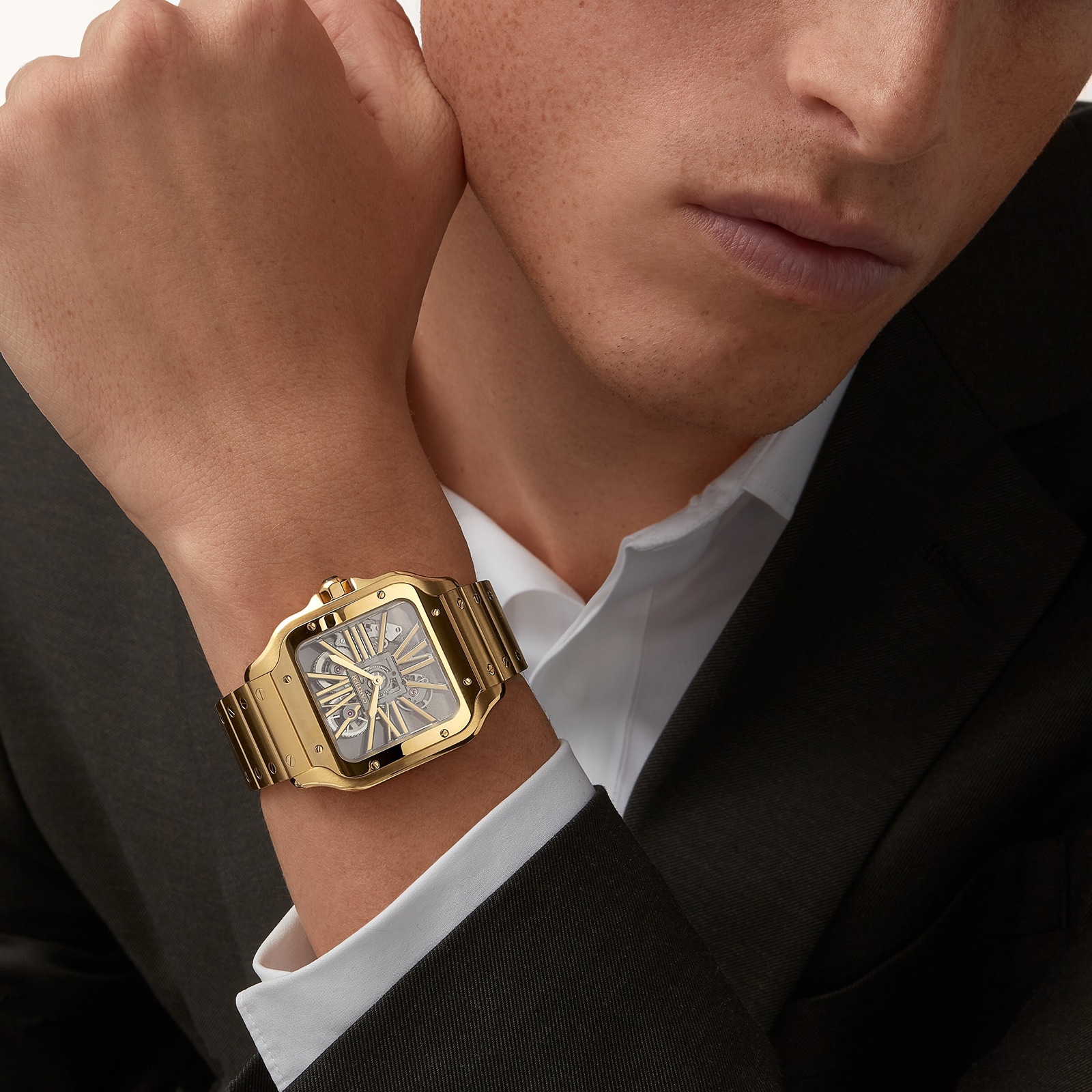 Cartier Santos De Cartier Skeleton Watch, Large Model, Skeleton Mechanical Movement With Manual Winding 9612 MC, Yellow Gold Cartier Santos De Cartier Skeleton Watch, Large Model, Skeleton Mechanical Movement With Manual Winding 9612 MC, Yellow Gold