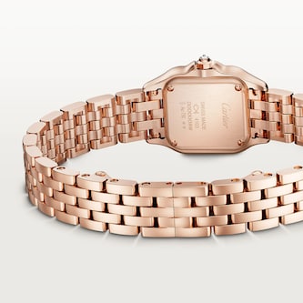 Cartier Panthere de Cartier watch, mini model, quartz movement. Rose gold 750/1000 case set with 32 brilliant-cut diamonds totalling 0.15 carats. Dimensions: 25 mm x 20 mm Cartier Panthere de Cartier watch, mini model, quartz movement. Rose gold 750/1000 case set with 32 brilliant-cut diamonds totalling 0.15 carats. Dimensions: 25 mm x 20 mm