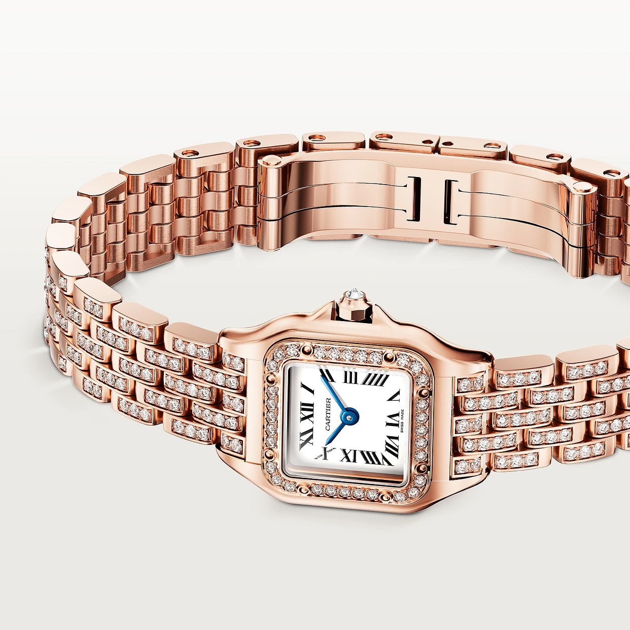 Cartier Panthere de Cartier watch, mini model, quartz movement. Rose gold 750/1000 case set with 32 brilliant-cut diamonds totalling 0.15 carats. Dimensions: 25 mm x 20 mm