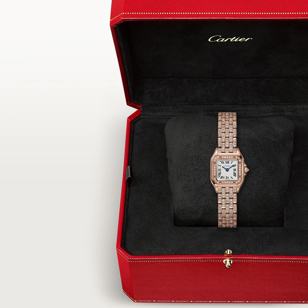 Cartier Panthere de Cartier watch, mini model, quartz movement. Rose gold 750/1000 case set with 32 brilliant-cut diamonds totalling 0.15 carats. Dimensions: 25 mm x 20 mm