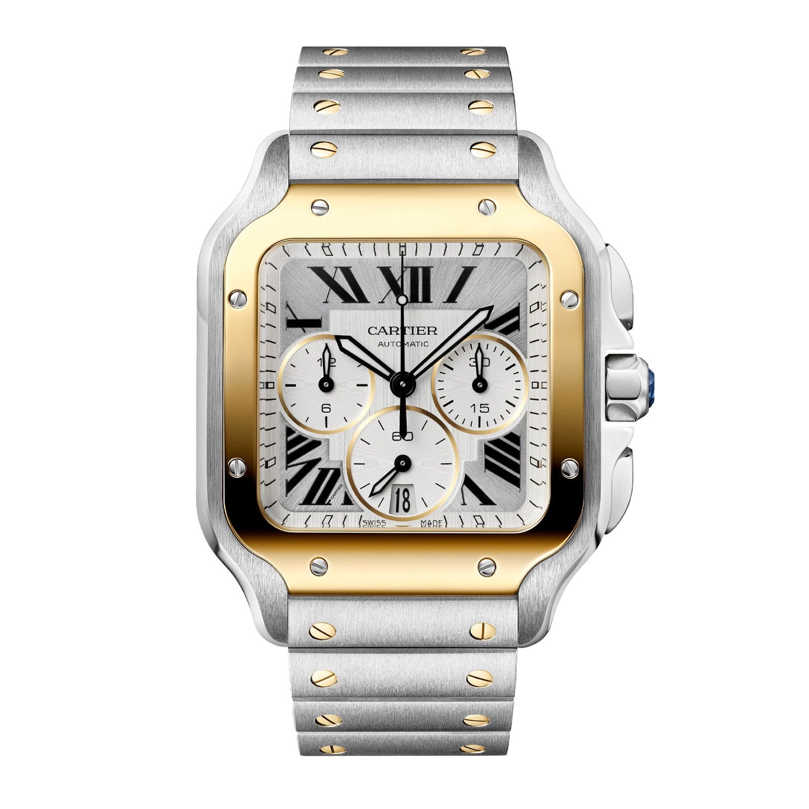 Cartier Santos watch, large model, Manufacture chronograph mechanical movement with automatic winding