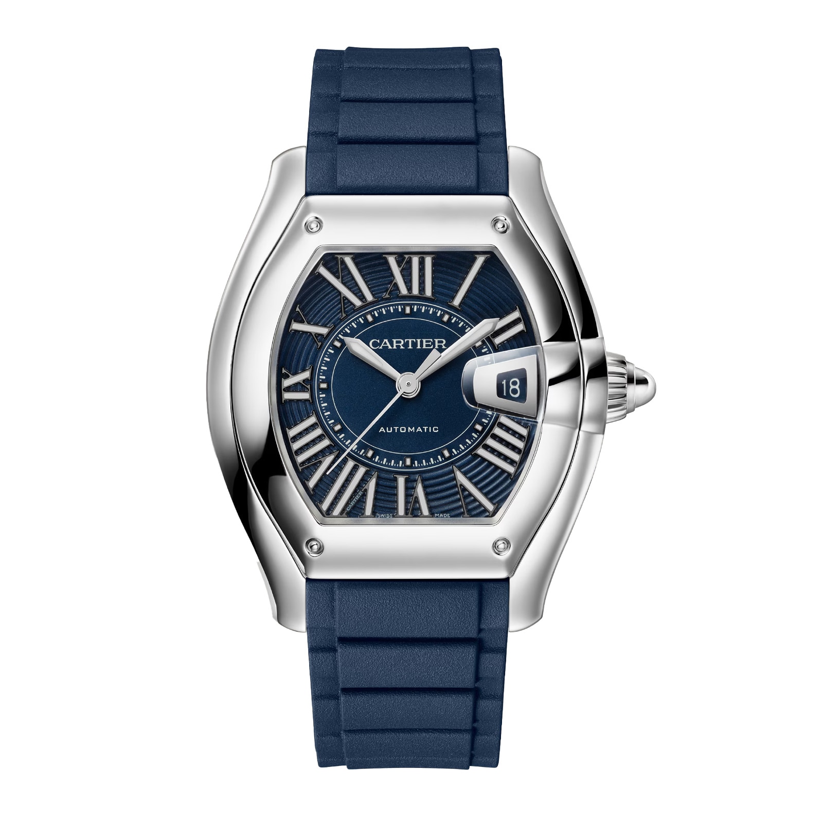 Cartier Roadster watch, large model, Manufacture mechanical movement with automatic winding, Steel case, blue PVD dial.
