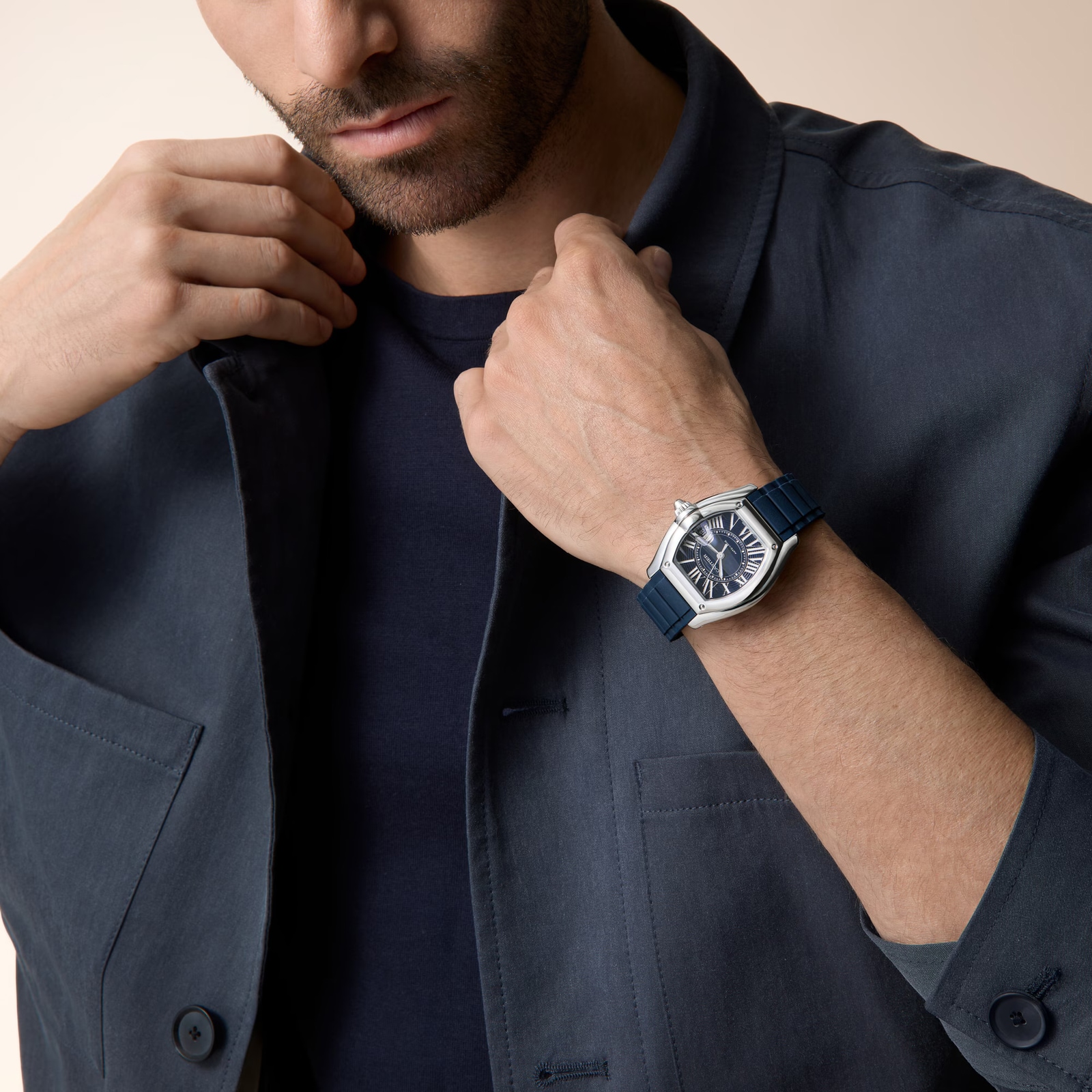 Cartier Roadster watch, large model, Manufacture mechanical movement with automatic winding, Steel case, blue PVD dial.