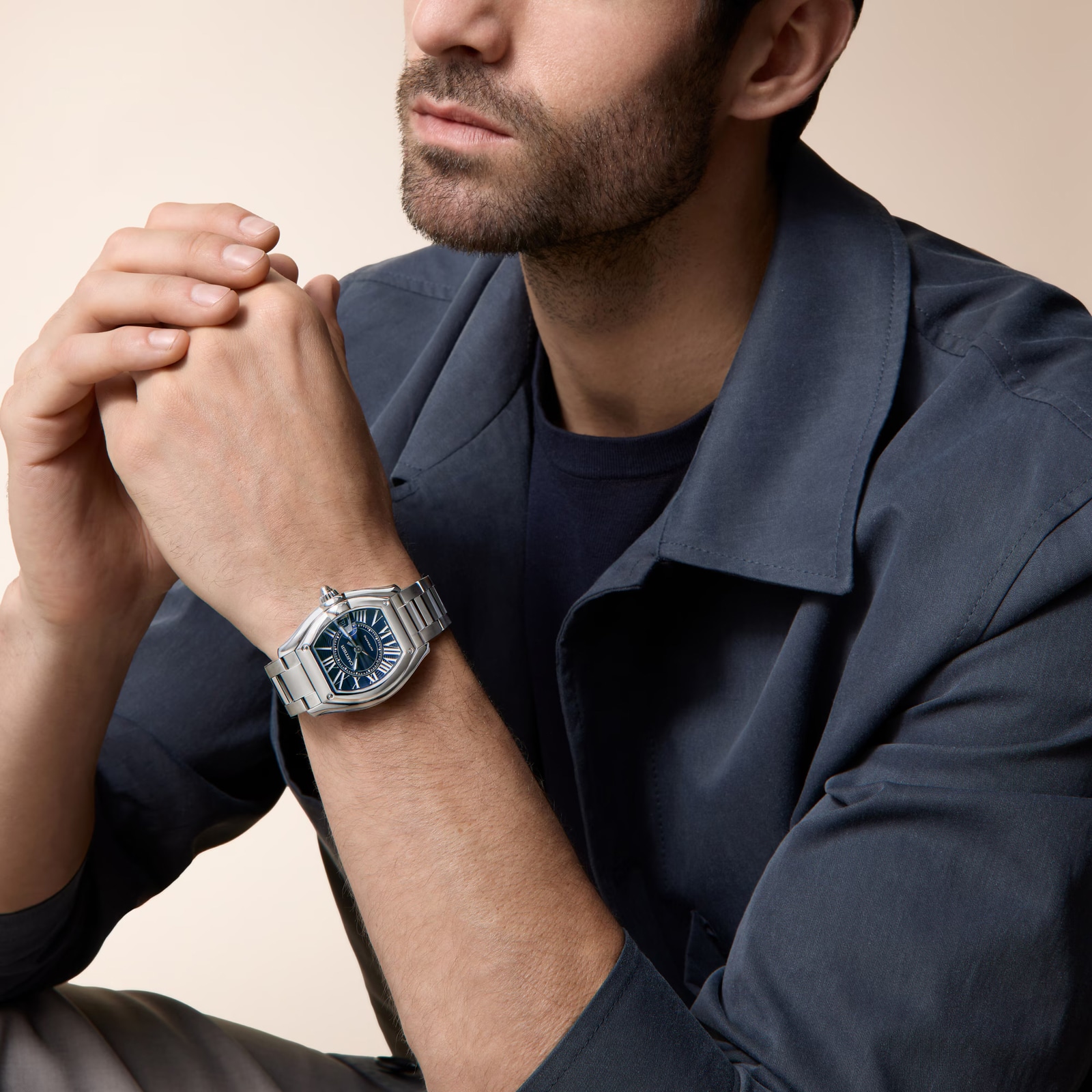 Cartier Roadster watch, large model, Manufacture mechanical movement with automatic winding, Steel case, blue PVD dial.