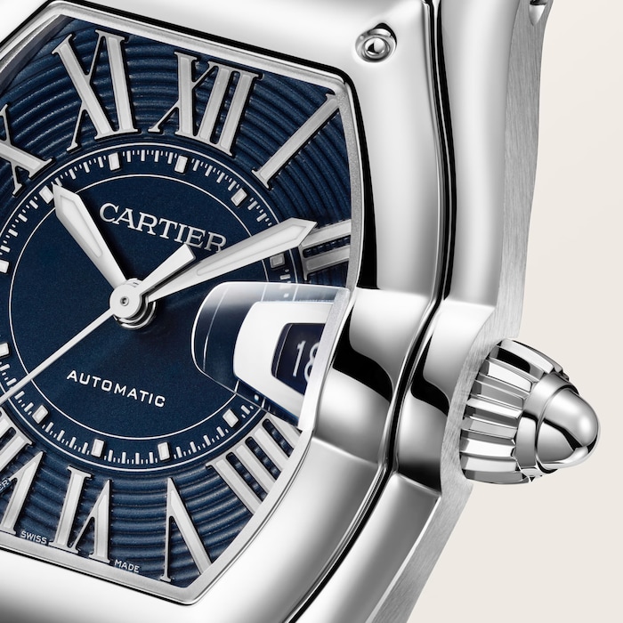 Cartier Roadster watch, large model, Manufacture mechanical movement with automatic winding, Steel case, blue PVD dial.