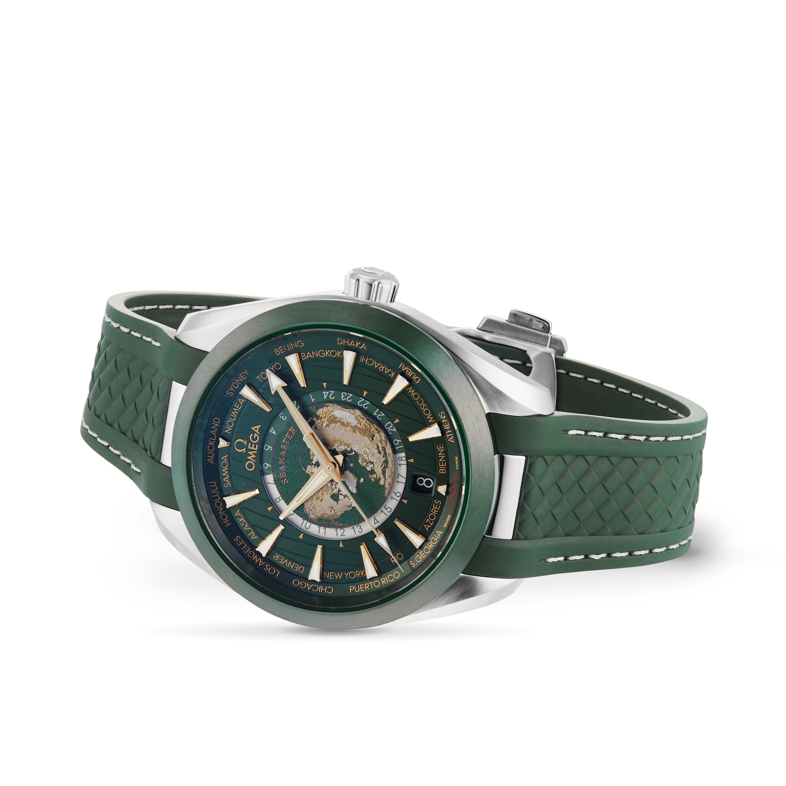 Omega Seamaster Aqua Terra 150m Co Axial Master Chronometer GMT Worldtimer 43mm Mens Watch Green Rubber