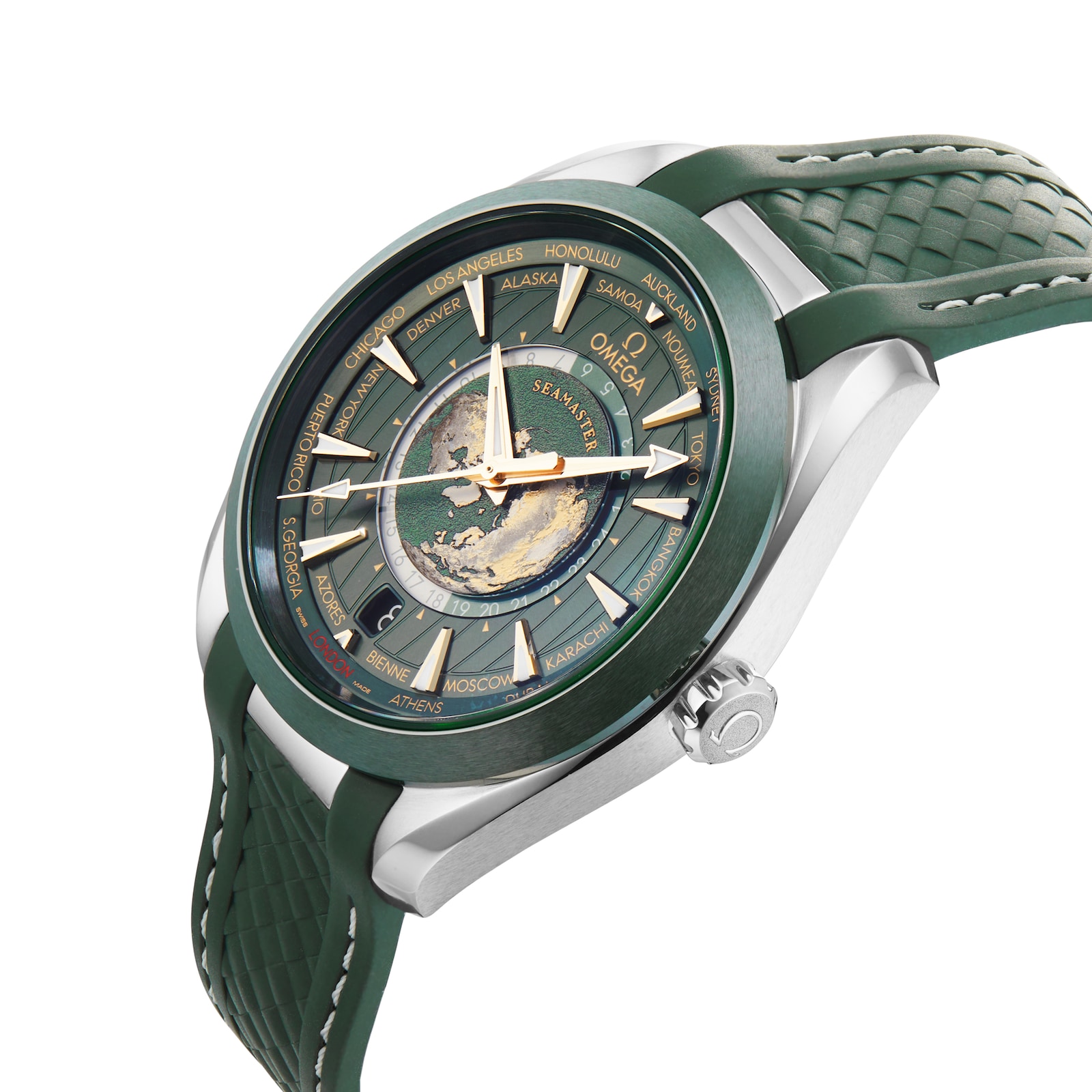 Omega Seamaster Aqua Terra 150m Co Axial Master Chronometer GMT Worldtimer 43mm Mens Watch Green Rubber