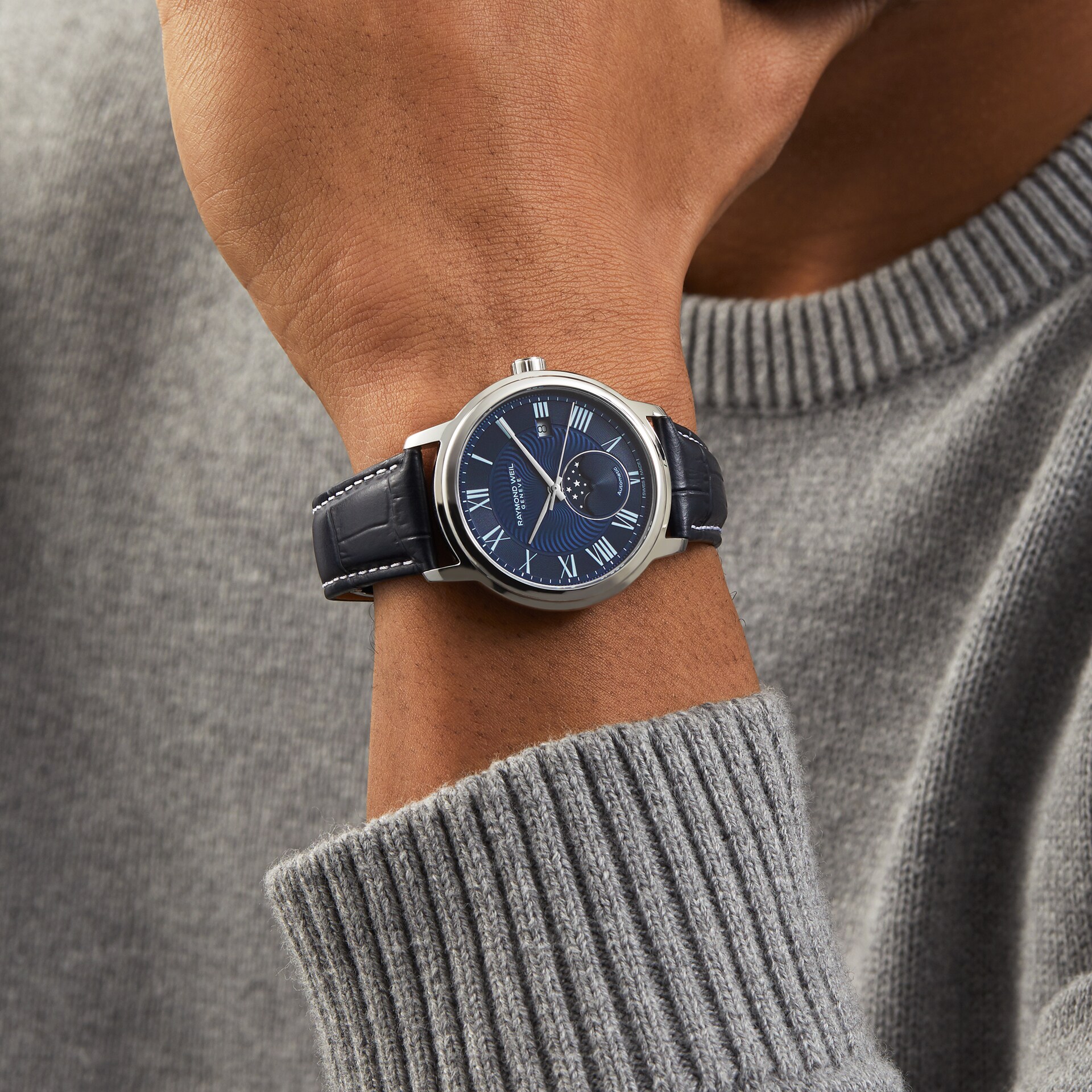 Raymond Weil Maestro Moon Phase Blue Leather Mens Watch 40mm