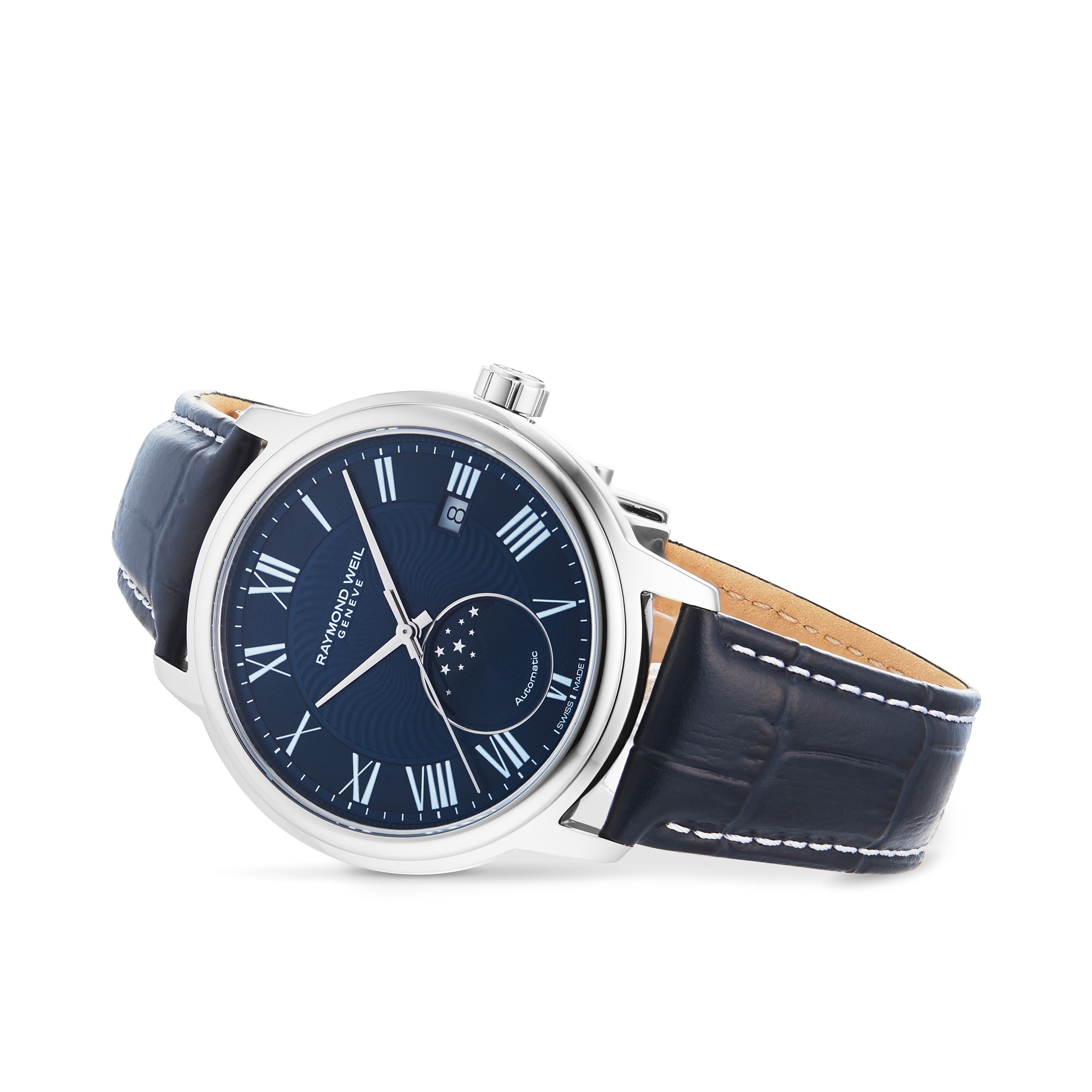 Raymond Weil Maestro Moon Phase Blue Leather Mens Watch 40mm 2239