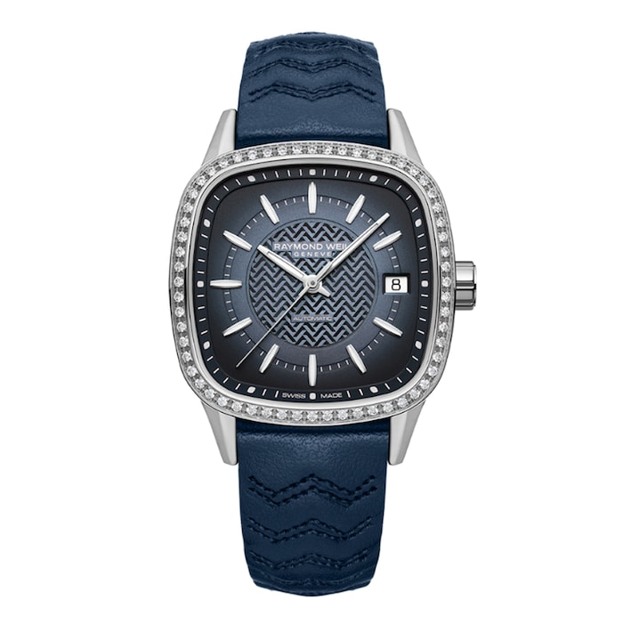 Raymond Weil Freelancer Ladies Automatic Blue Dial 60 Laboratory Grown Diamonds Leather Strap Watch 34.5 x 34.5 mm