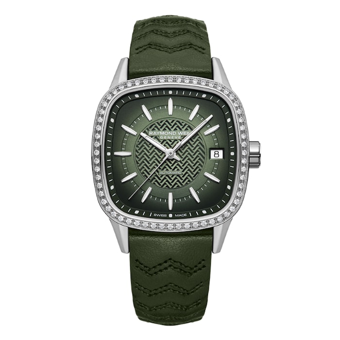 Raymond Weil Freelancer Ladies Automatic Green Dial 60 Laboratory Grown Diamonds Leather Strap Watch 34.5 x 34.5 mm