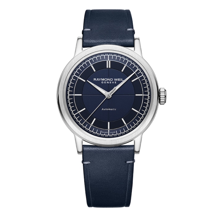 Raymond Weil Millesime Mens Automatic Blue Leather Strap Watch, 39.5 mm Blue Sector Dial, Blue Leather Strap, Stainless Steel