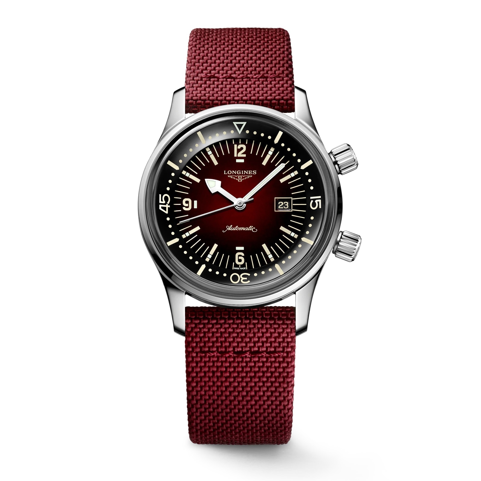 Longines Legend Diver watch red dial and fabric strap