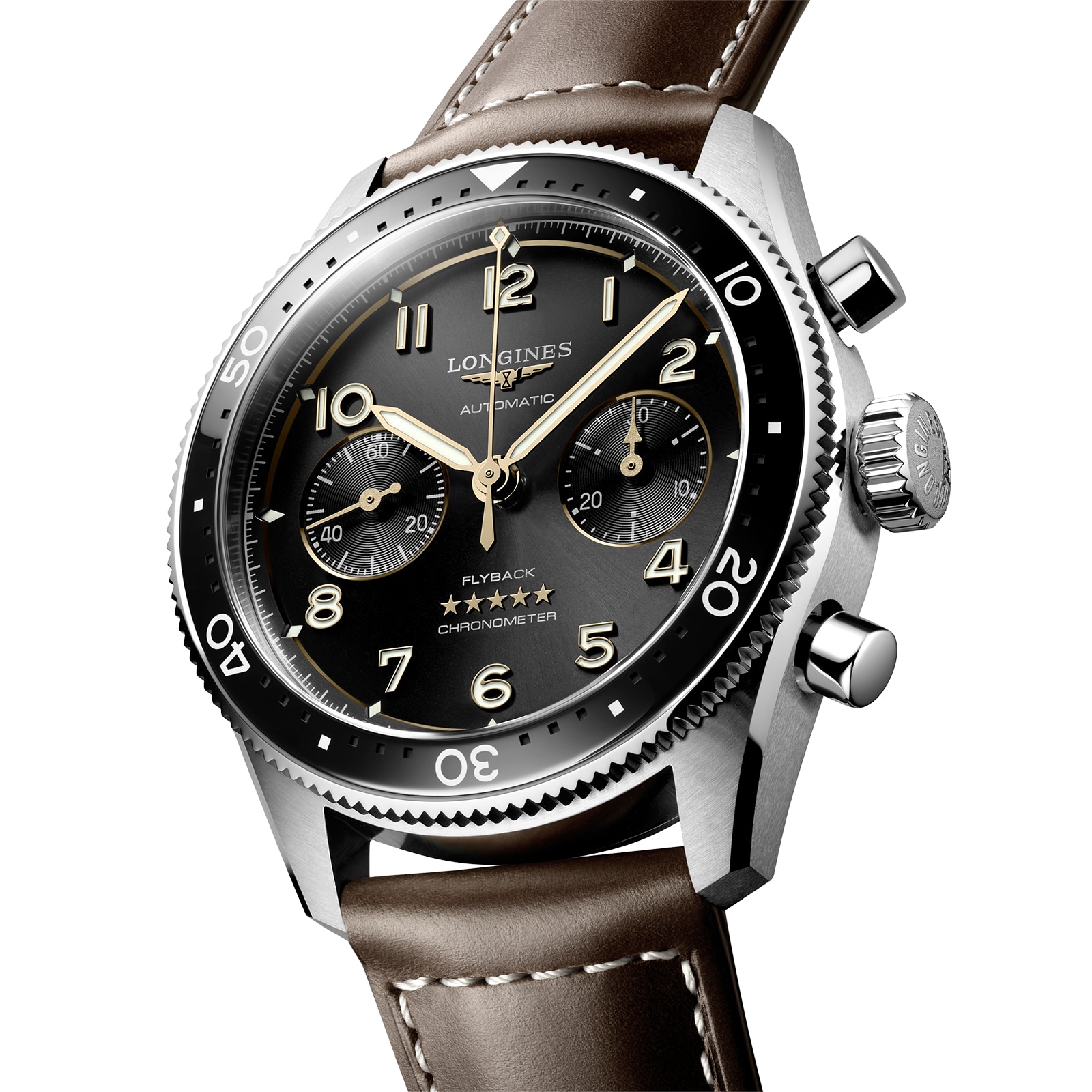 Longines Spirit Flyback 42mm Steel Brown Leather Strap Black Sunray Dial