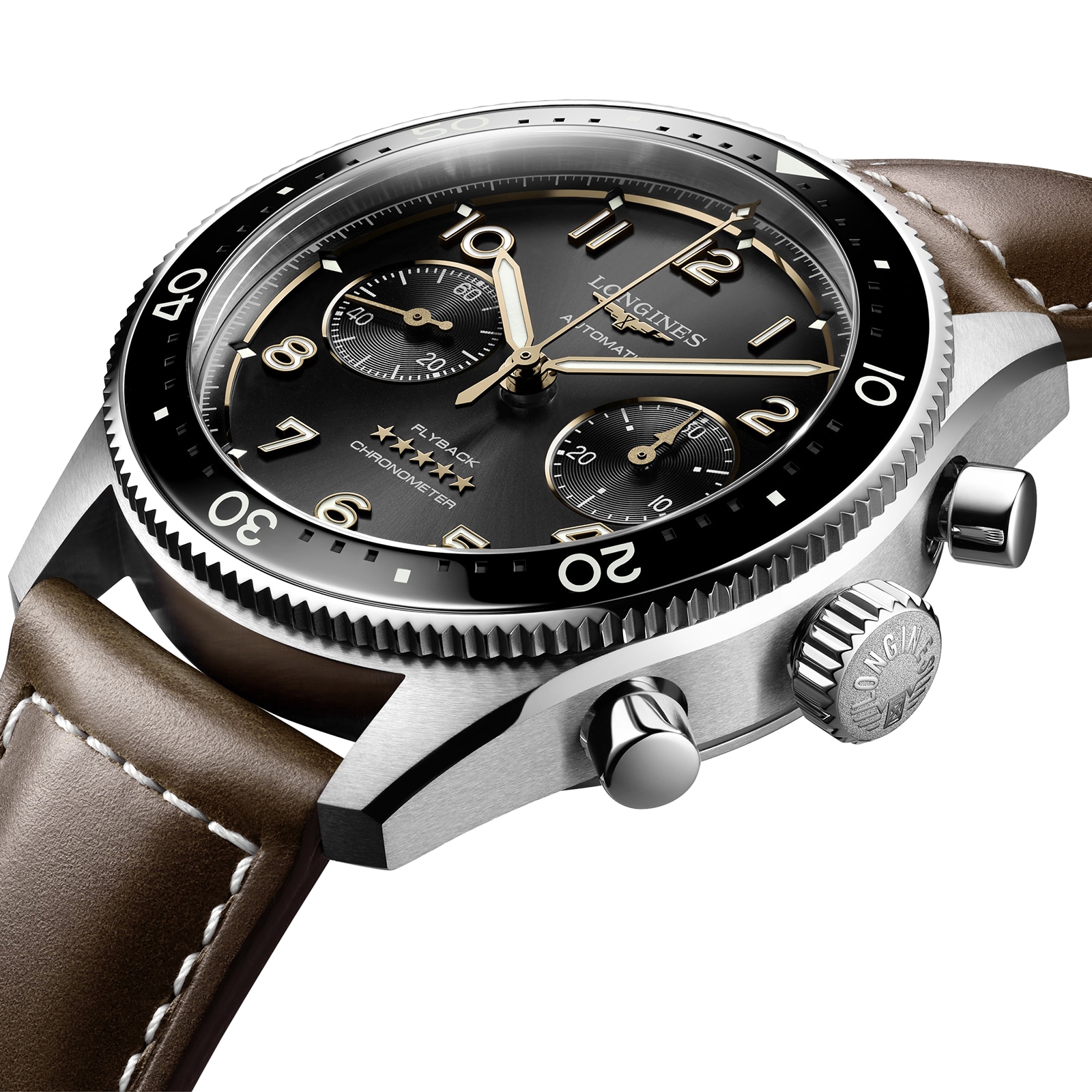Longines Spirit Flyback 42mm Steel Brown Leather Strap Black Sunray Dial