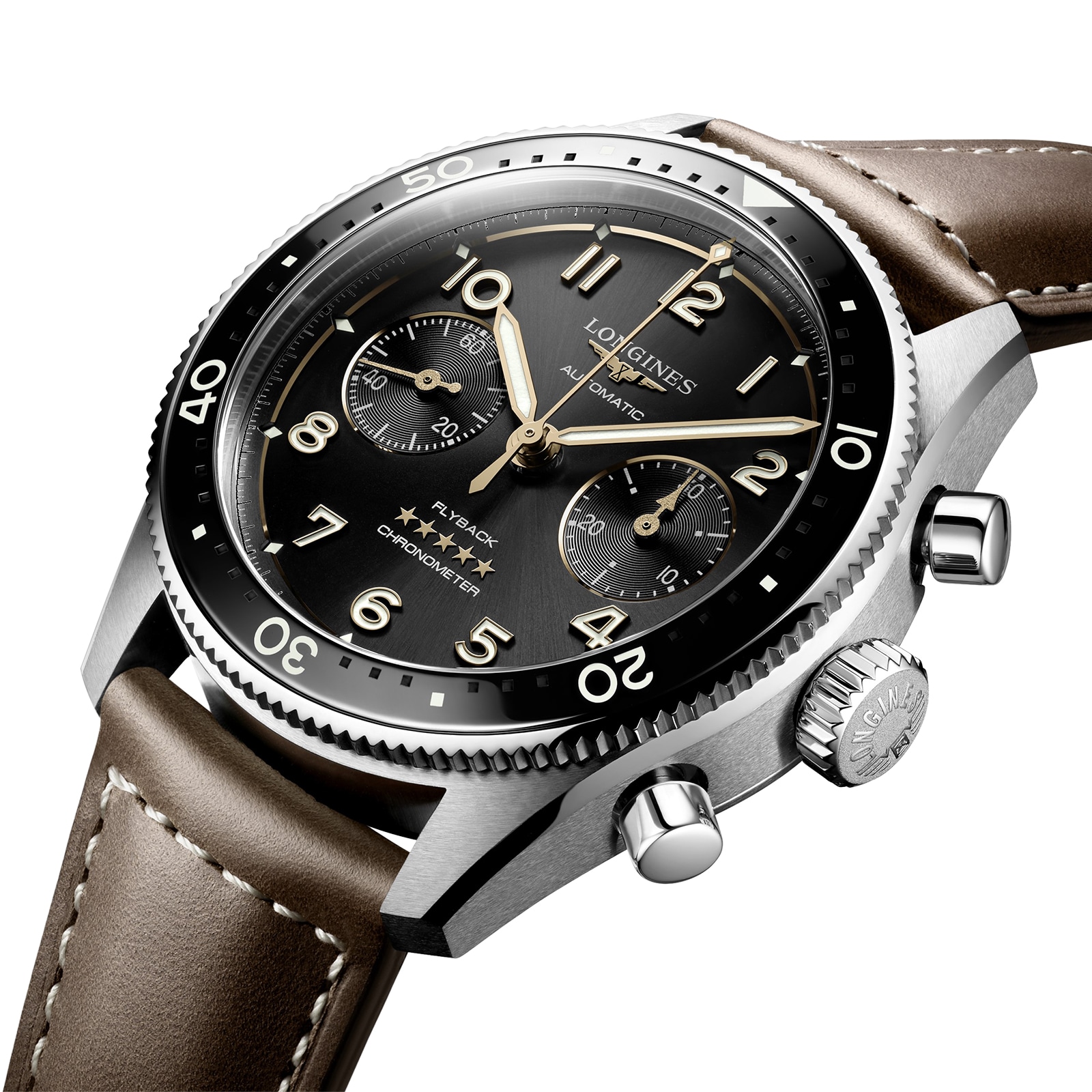 Longines Spirit Flyback 42mm Steel Brown Leather Strap Black Sunray Dial