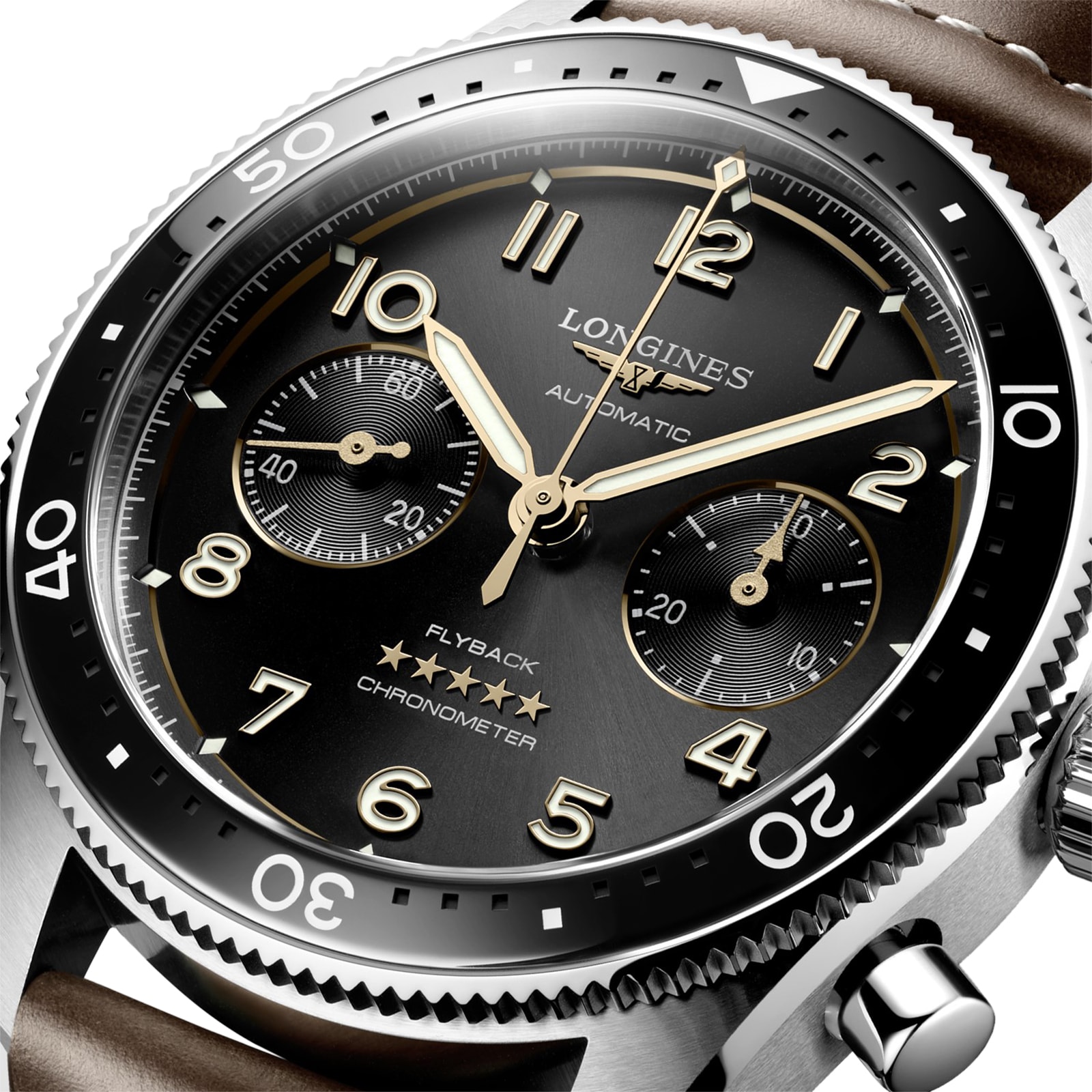 Longines Spirit Flyback 42mm Steel Brown Leather Strap Black Sunray Dial