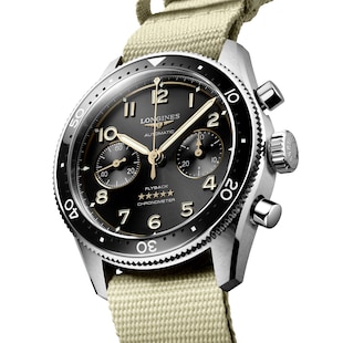Longines Spirit Flyback 42mm Steel Beige NATO Strap Black Sunray Dial