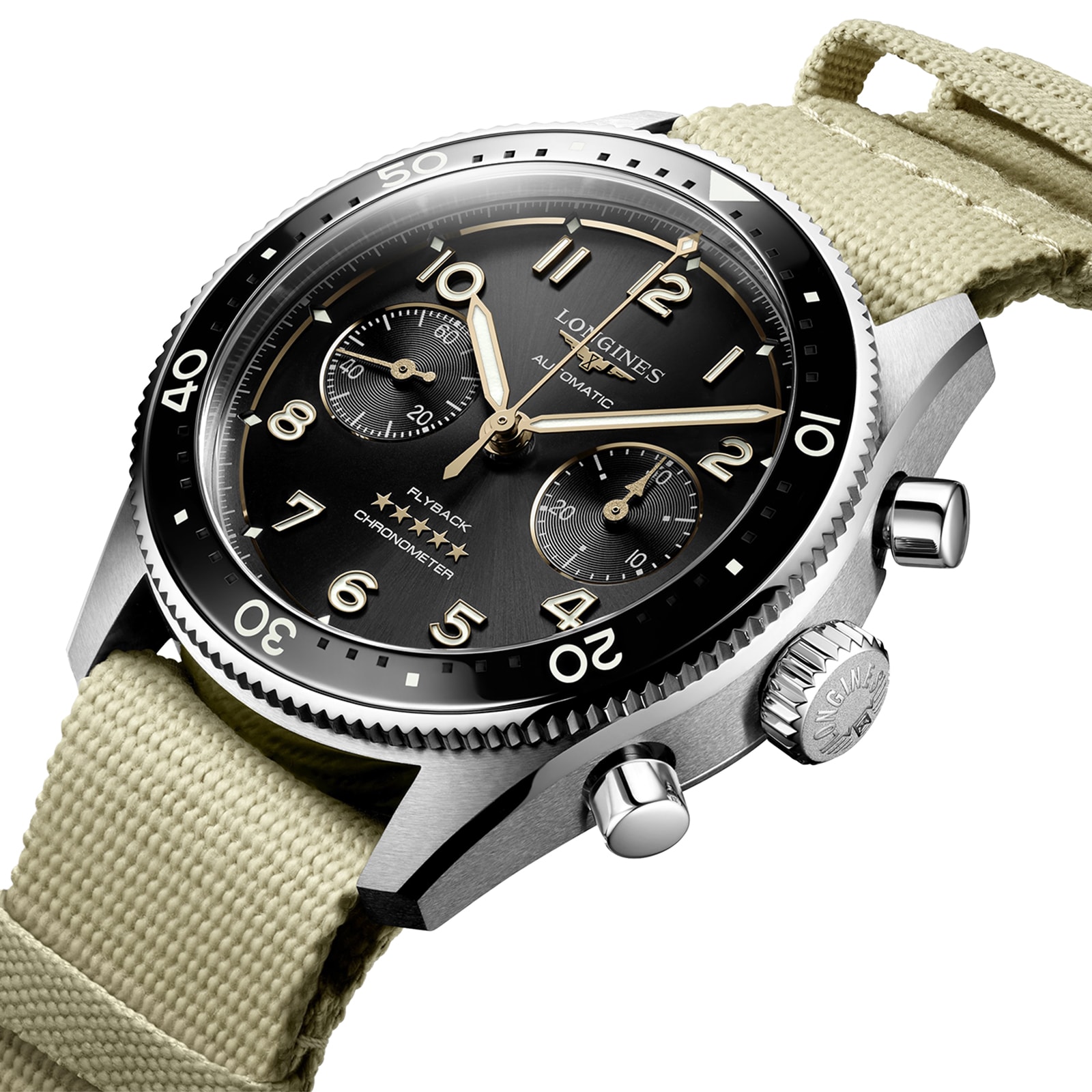 Longines Spirit Flyback 42mm Steel Beige NATO Strap Black Sunray Dial