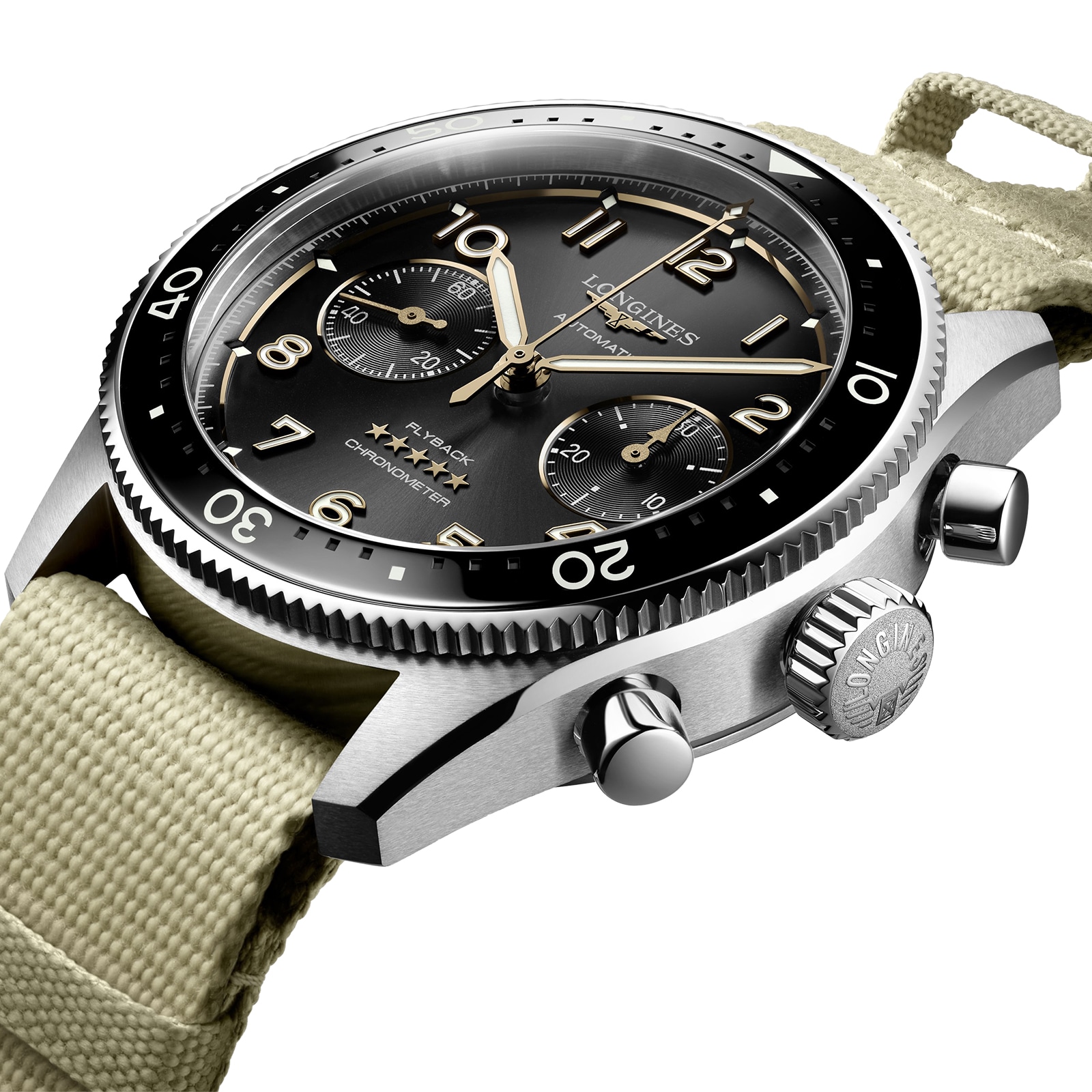 Longines Spirit Flyback 42mm Steel Beige NATO Strap Black Sunray Dial