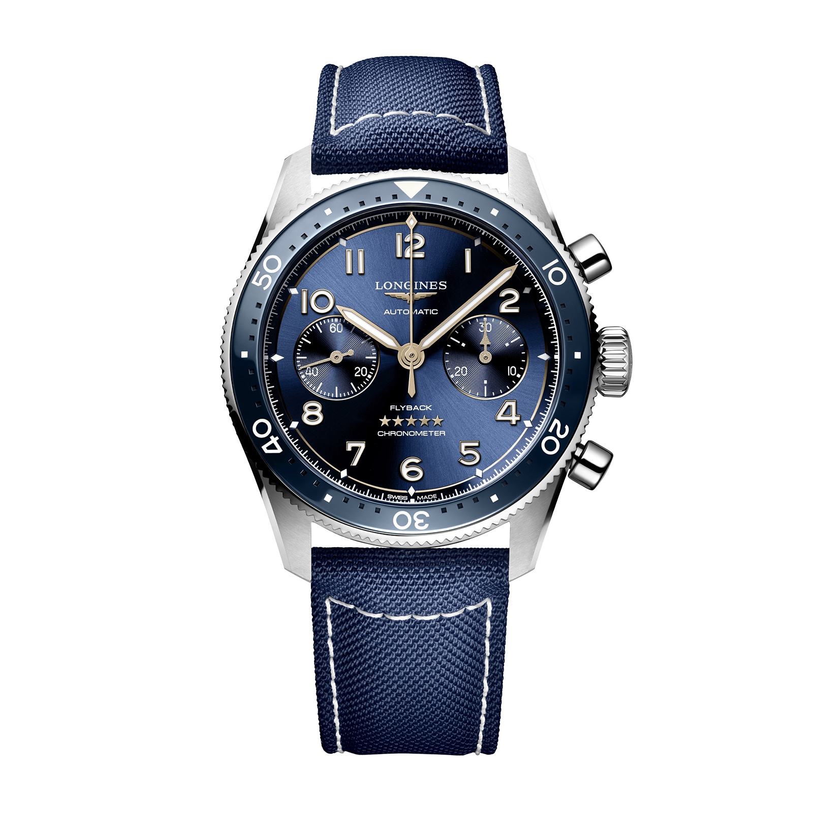 Longines Spirit Flyback 42mm Steel Blue Fabric Strap Blue Sunray