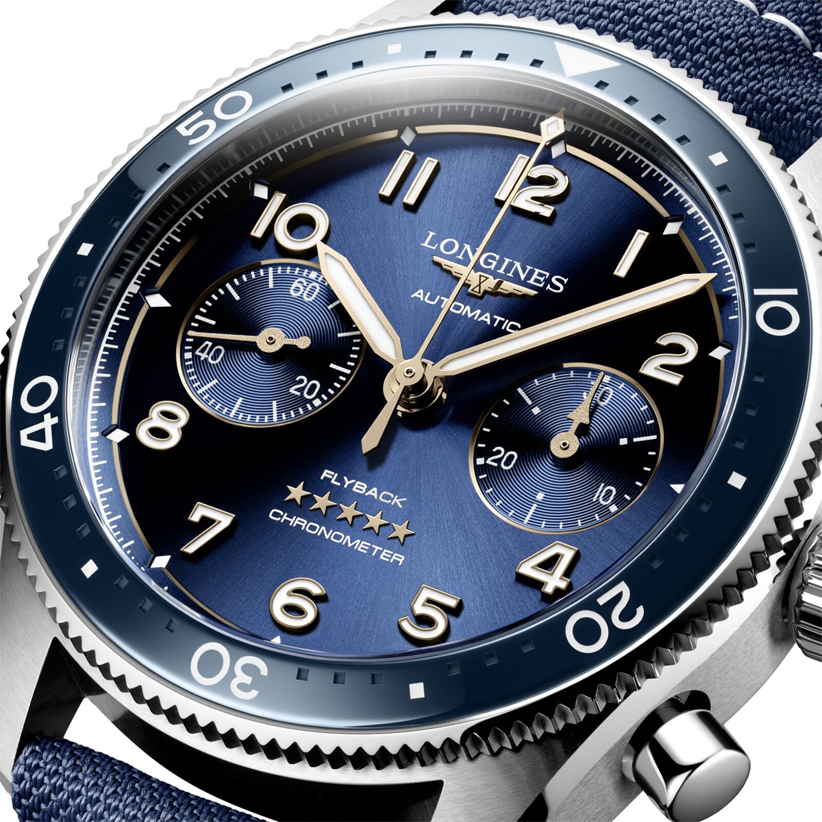 Longines Spirit Flyback 42mm Steel Blue Fabric Strap Blue Sunray