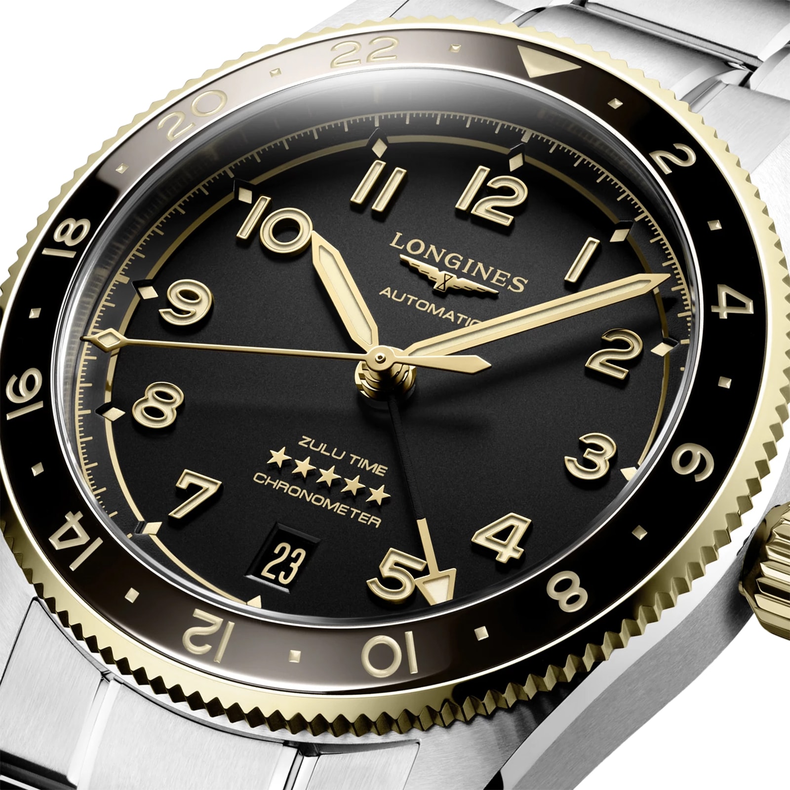 Longines Spirit Zulu Time 39mm Mens Watch Black Stainless Steel