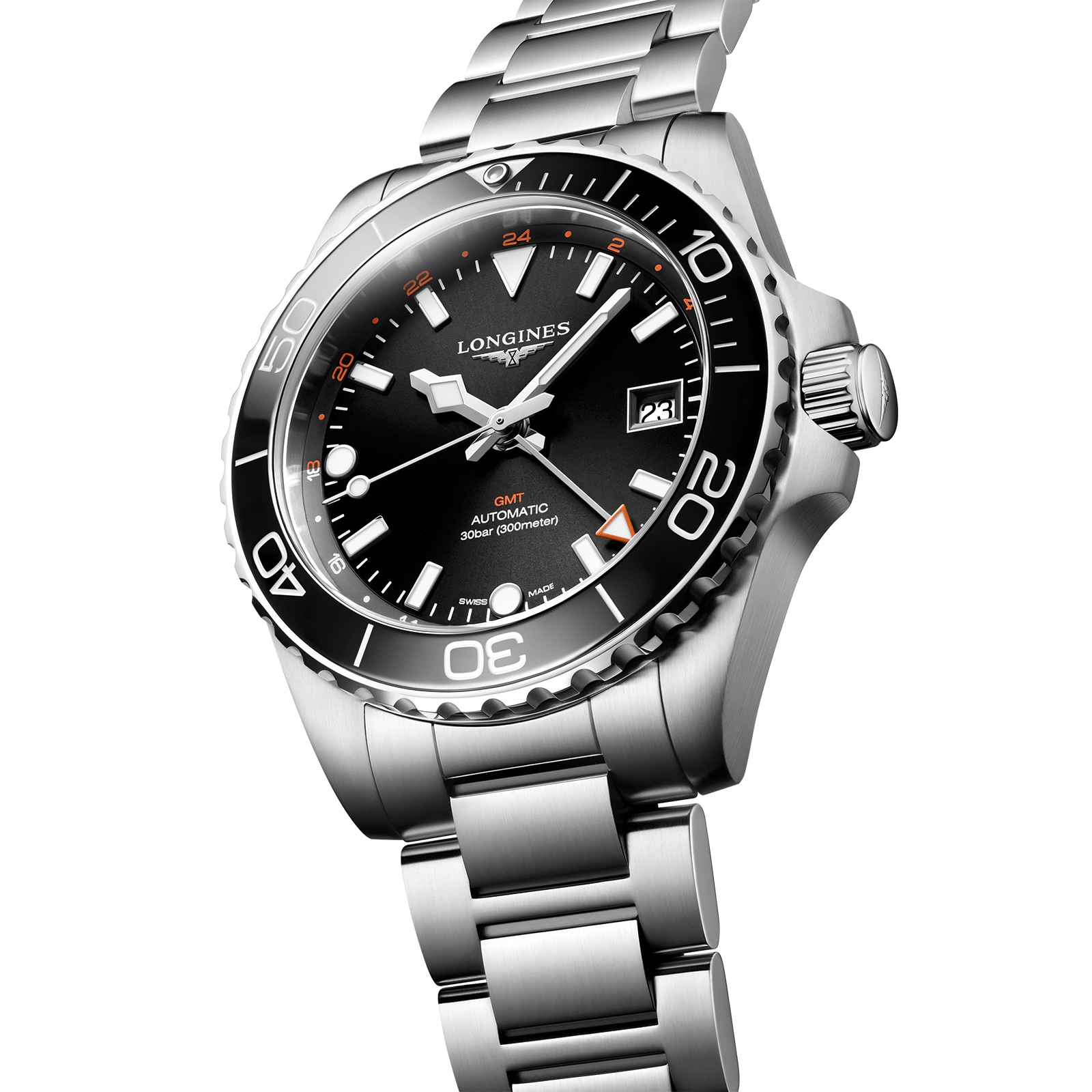 Longines HydroConquest GMT 41mm Mens Watch Black Stainless Steel