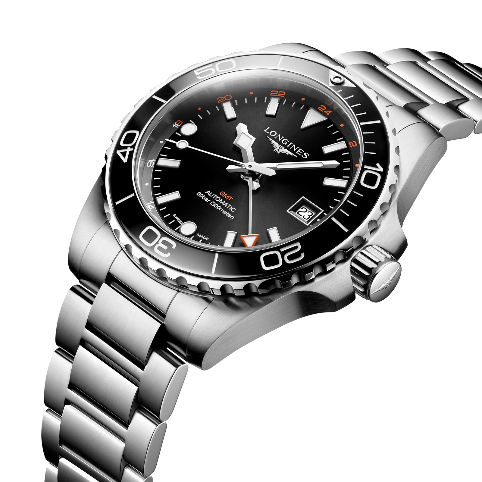 Longines HydroConquest GMT 41mm Mens Watch Black Stainless Steel