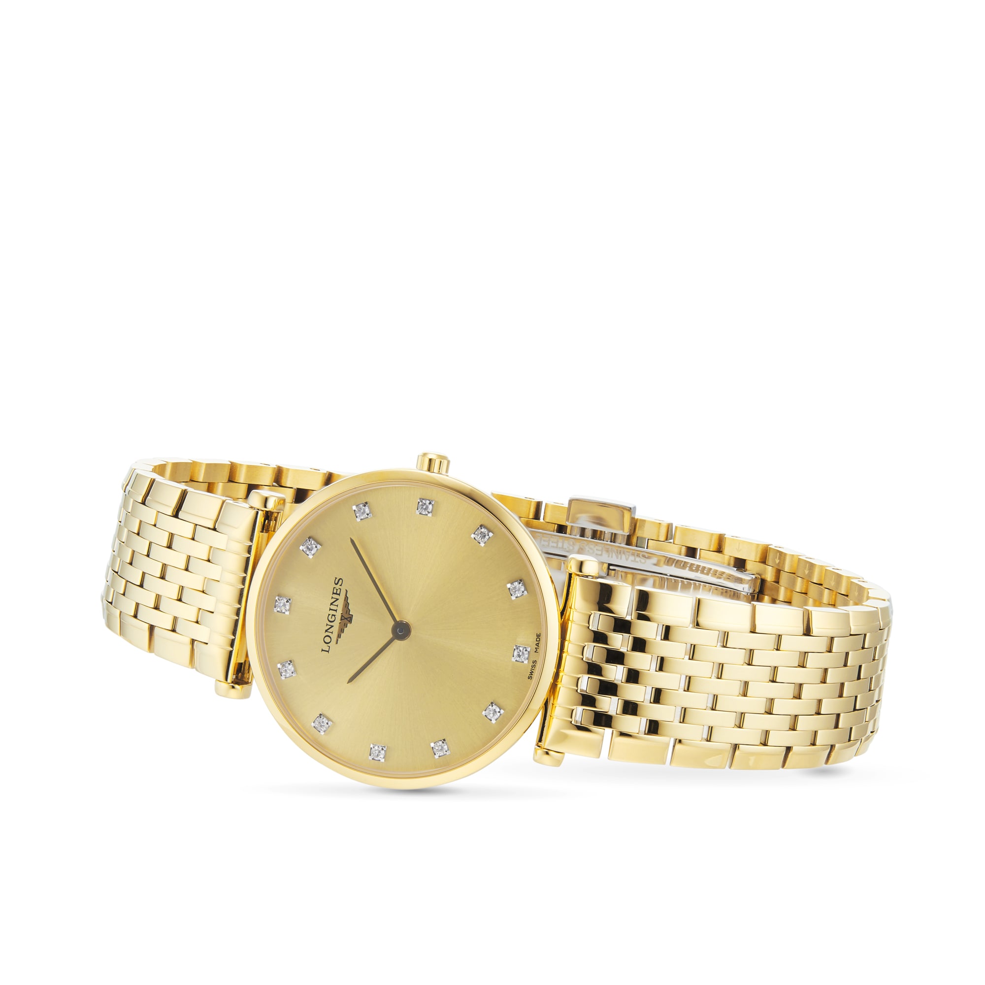 Longines gold watch with diamonds hotsell