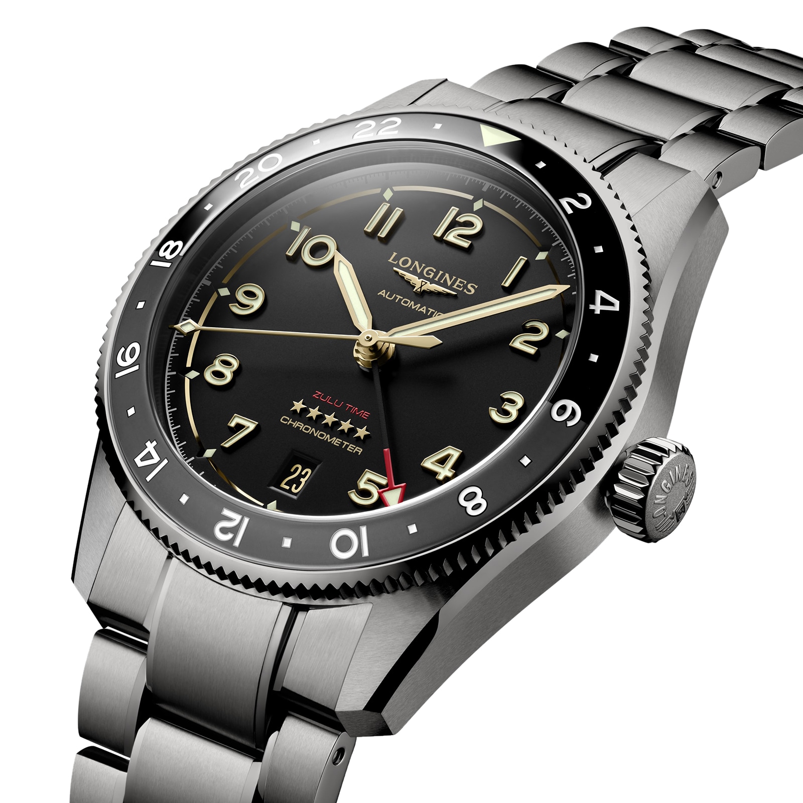 Longines Spirit Zulu Time 39mm Mens Watch Black