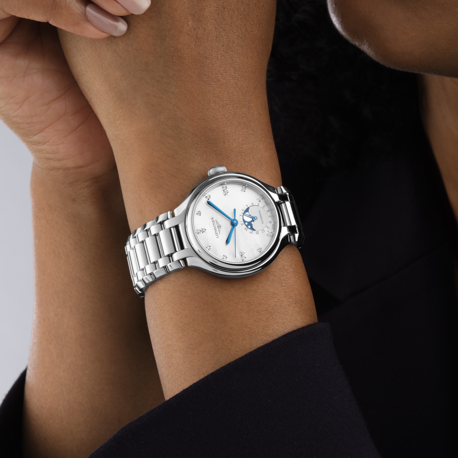 Longines PrimaLuna Moonphase Automatic 34mm Ladies Watch Mother Of