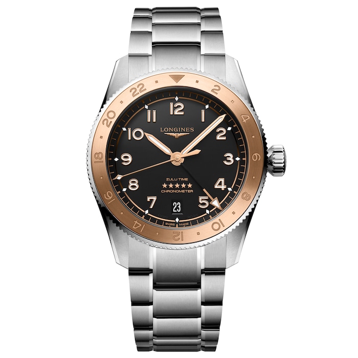 Longines Spirit Zulu Time 1925 39mm Mens Watch Black 18ct Rose Gold