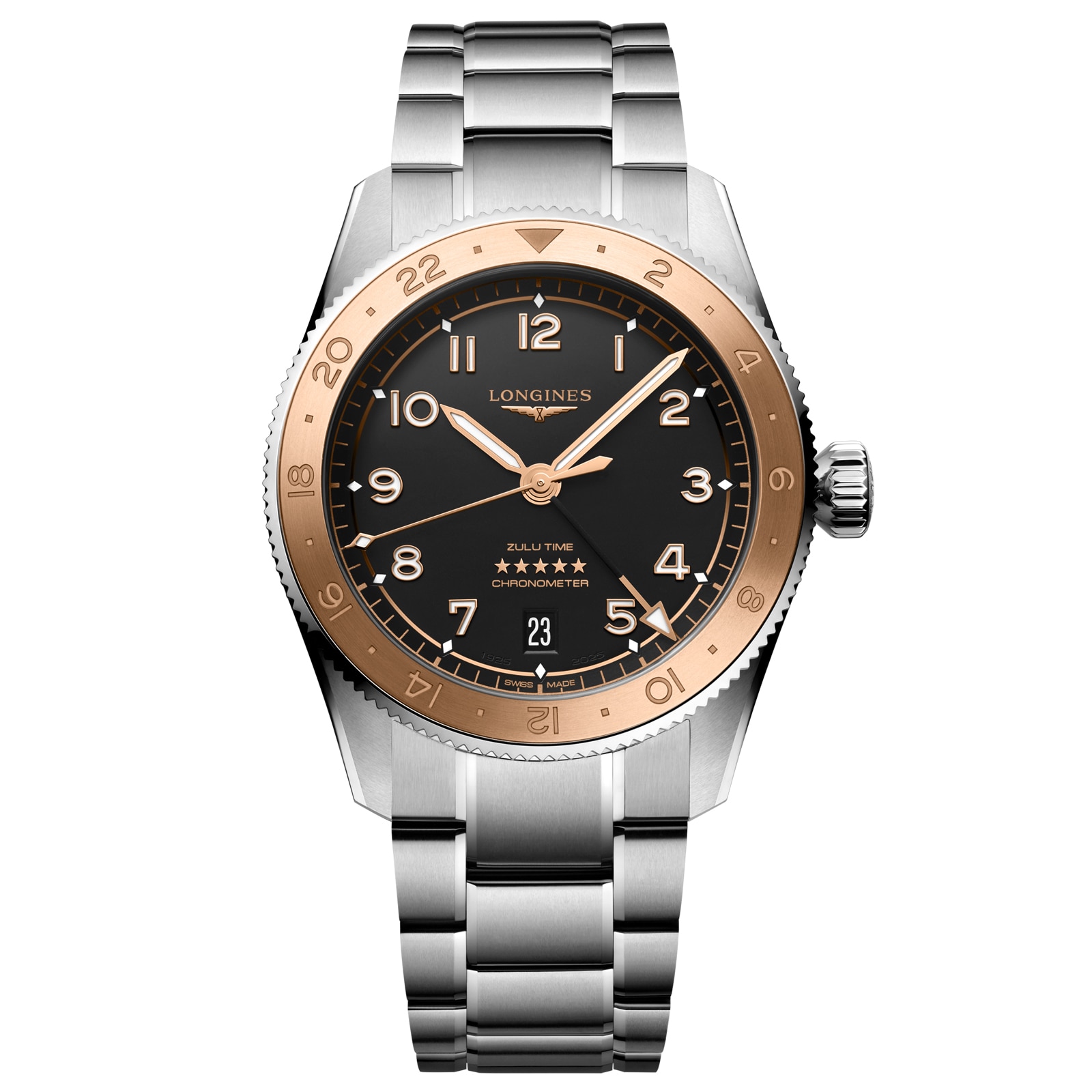 Longines Spirit Zulu Time 1925 39mm Mens Watch Black 18ct Rose Gold