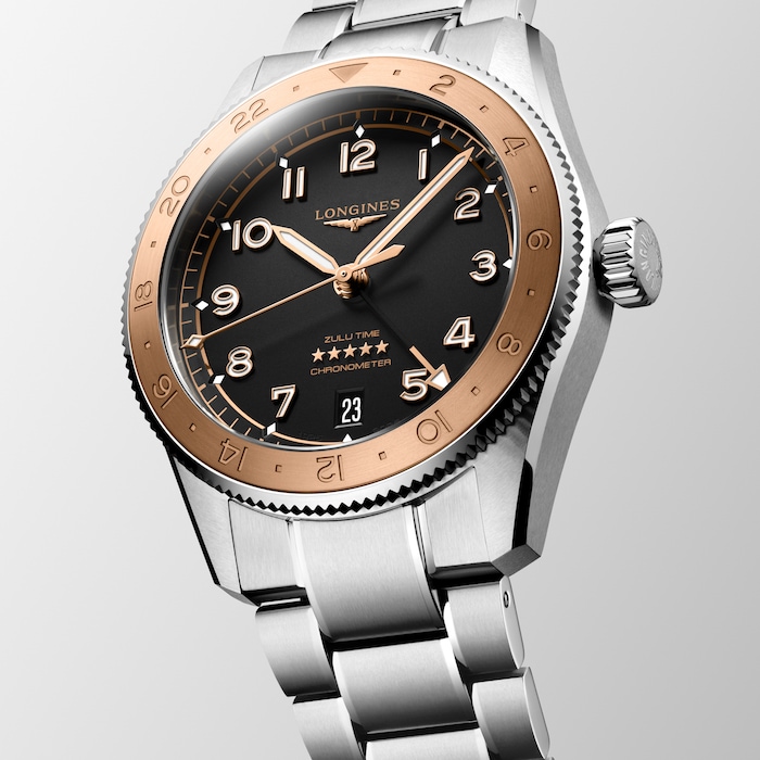 Longines Spirit Zulu Time 1925 39mm Mens Watch Black 18ct Rose Gold