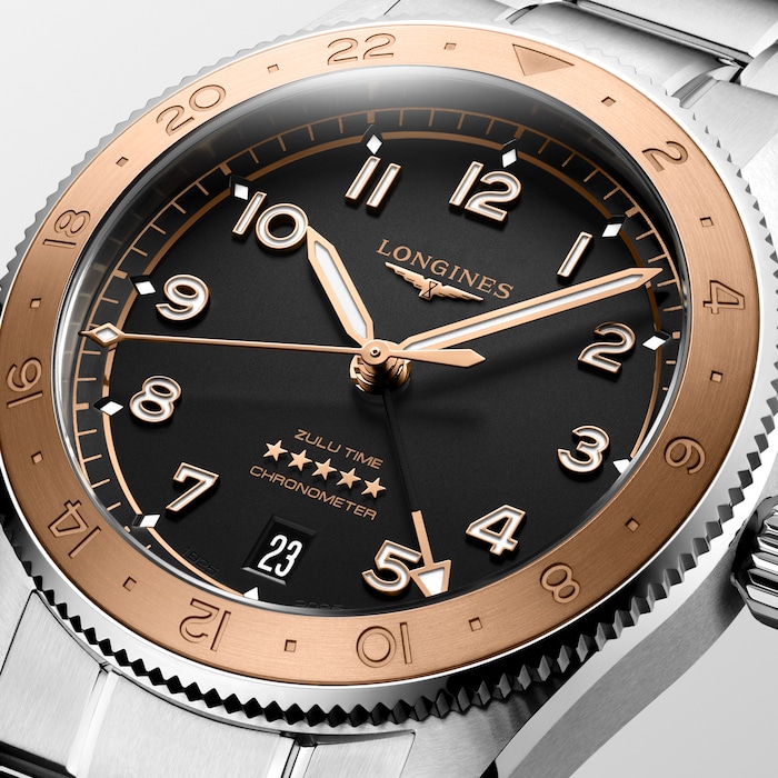 Longines Spirit Zulu Time 1925 39mm Mens Watch Black 18ct Rose Gold