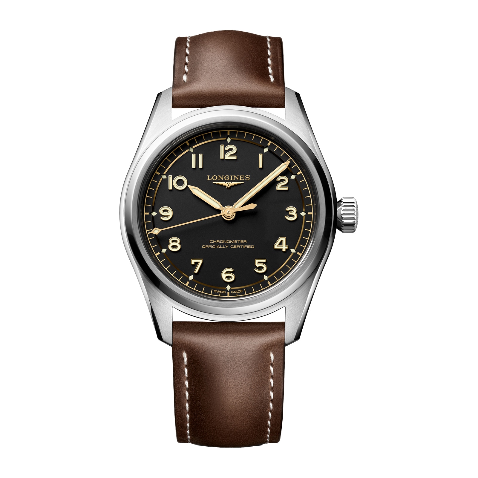 Longines Spirit Pilot 3 Hands 39mm Mens Watch Leather Black