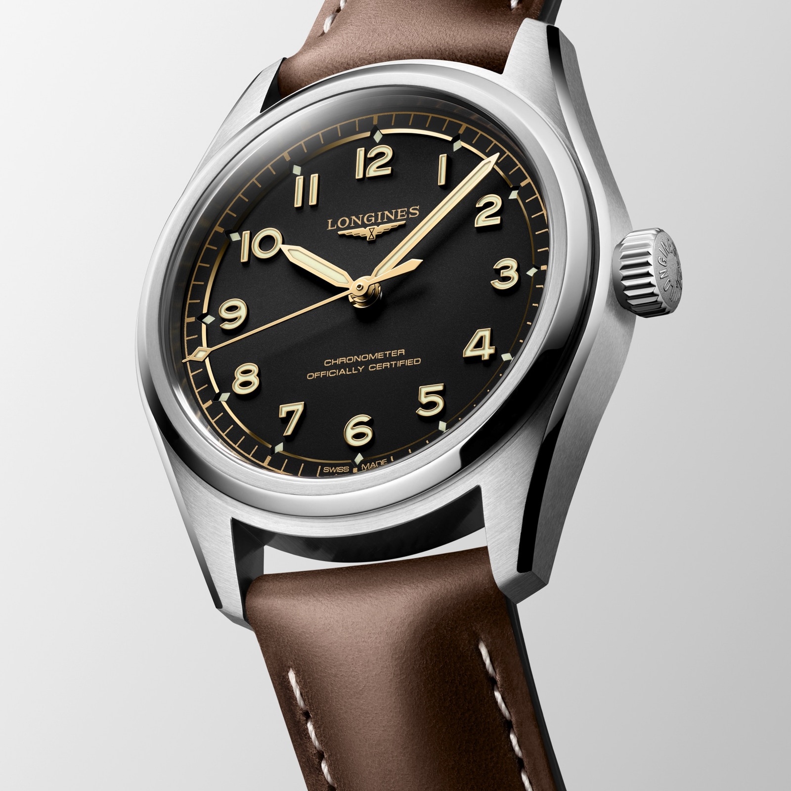Longines Spirit Pilot 3 Hands 39mm Mens Watch Leather Black