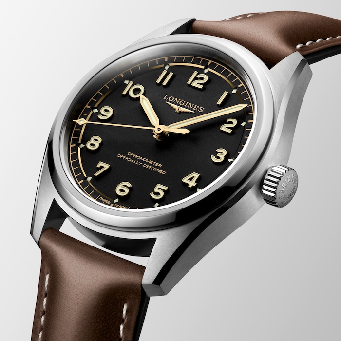 Longines Spirit Pilot 3 Hands 39mm Mens Watch Leather Black