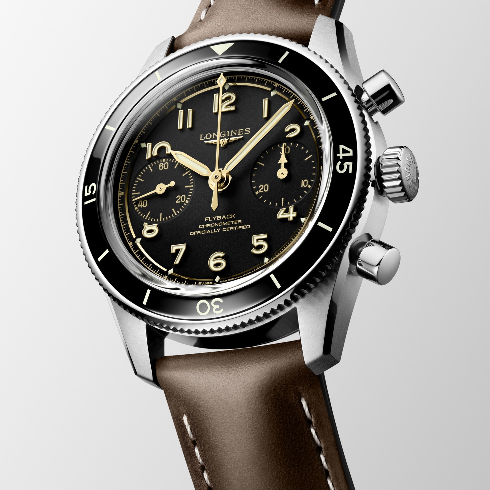 Longines Spirit Pilot Flyback Chronograph 39.5mm Mens Watch Leather Black